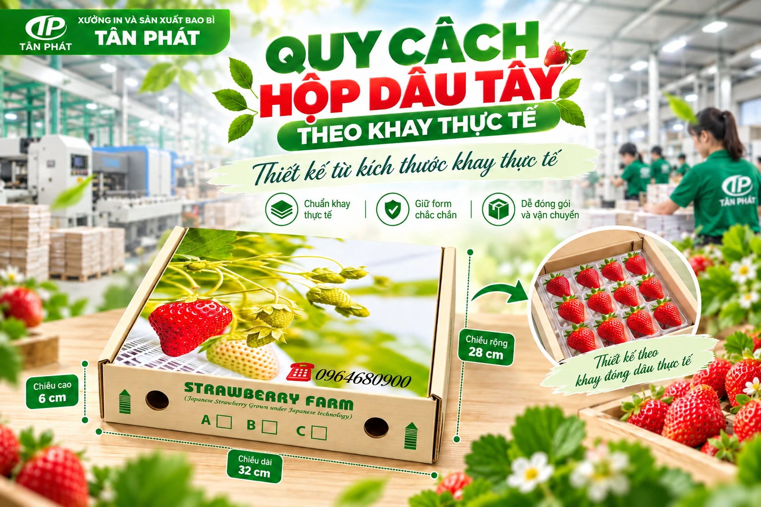 Quy cách hộp dâu tây theo kích thước khay và cách đóng thực tế