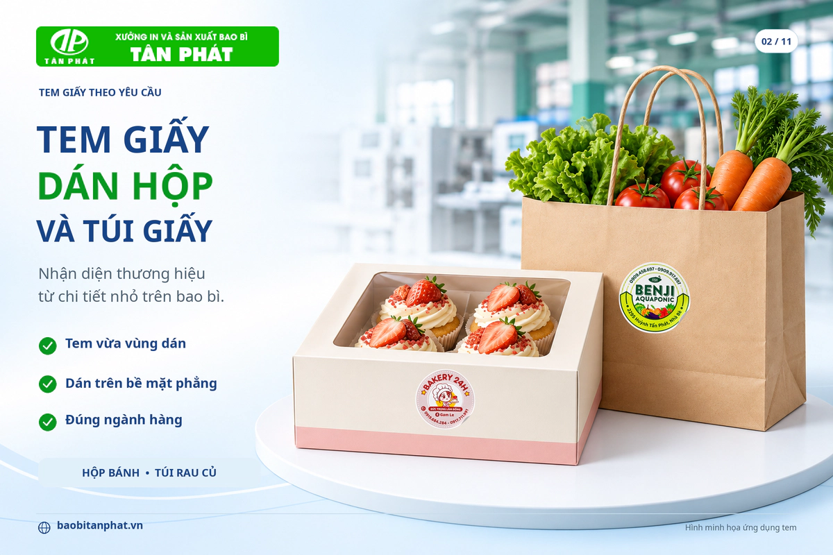 Tem giấy nhận diện thương hiệu dán trên hộp và túi giấy