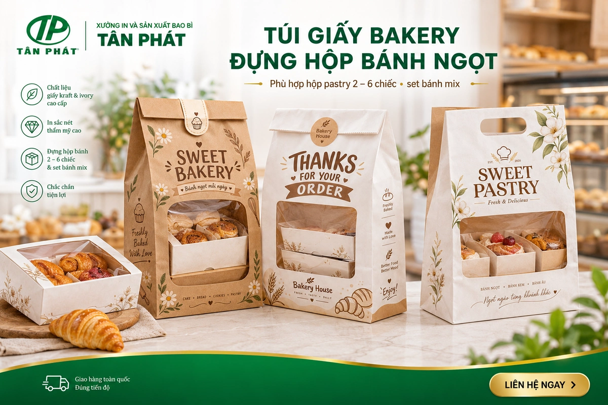 Túi giấy bakery đựng hộp bánh ngọt in logo