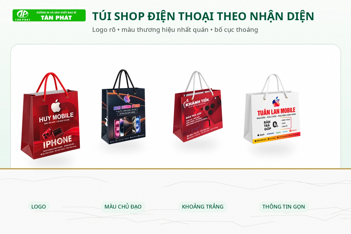Túi giấy shop điện thoại in logo theo bộ nhận diện thương hiệu