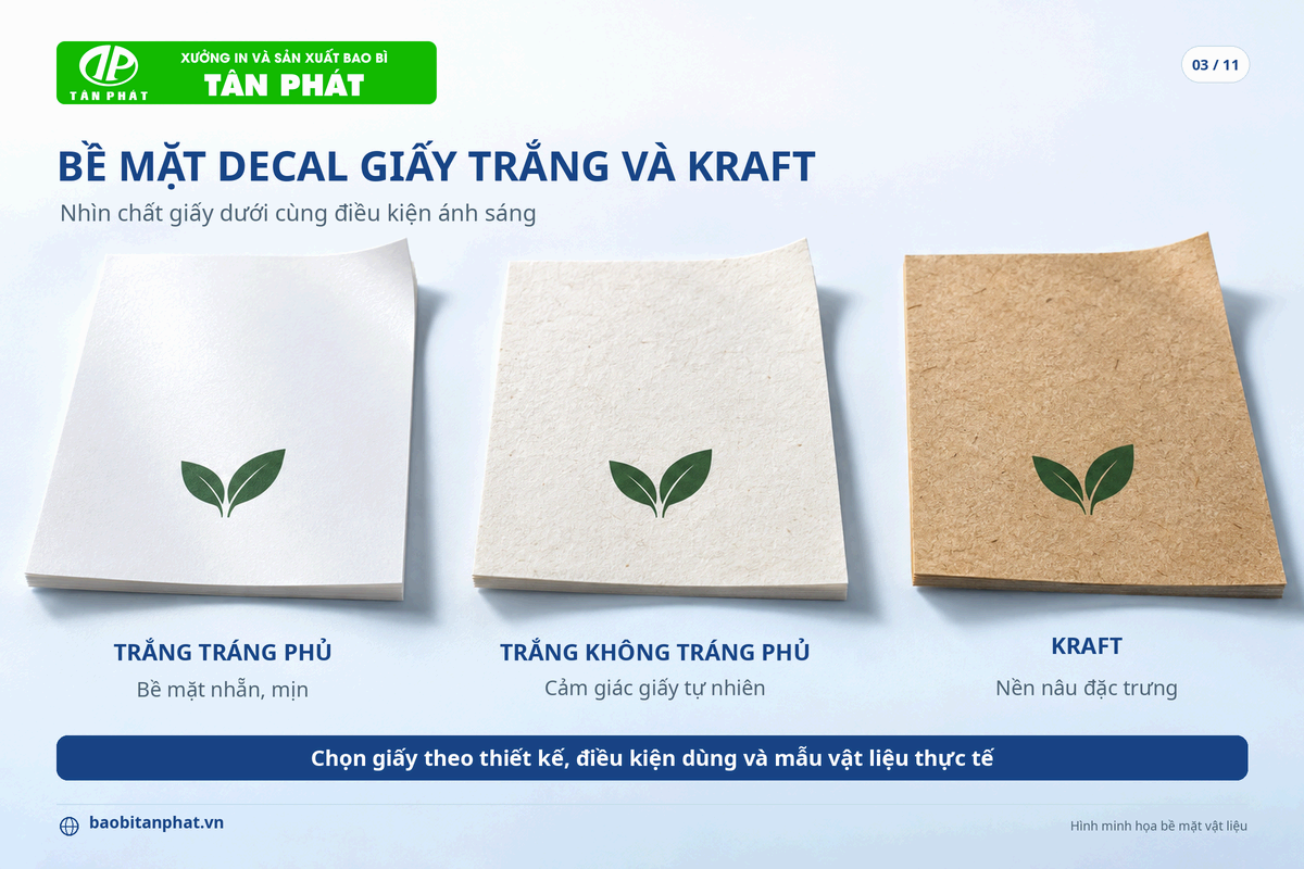 So sánh bề mặt giấy nhãn trắng tráng phủ không tráng phủ và kraft