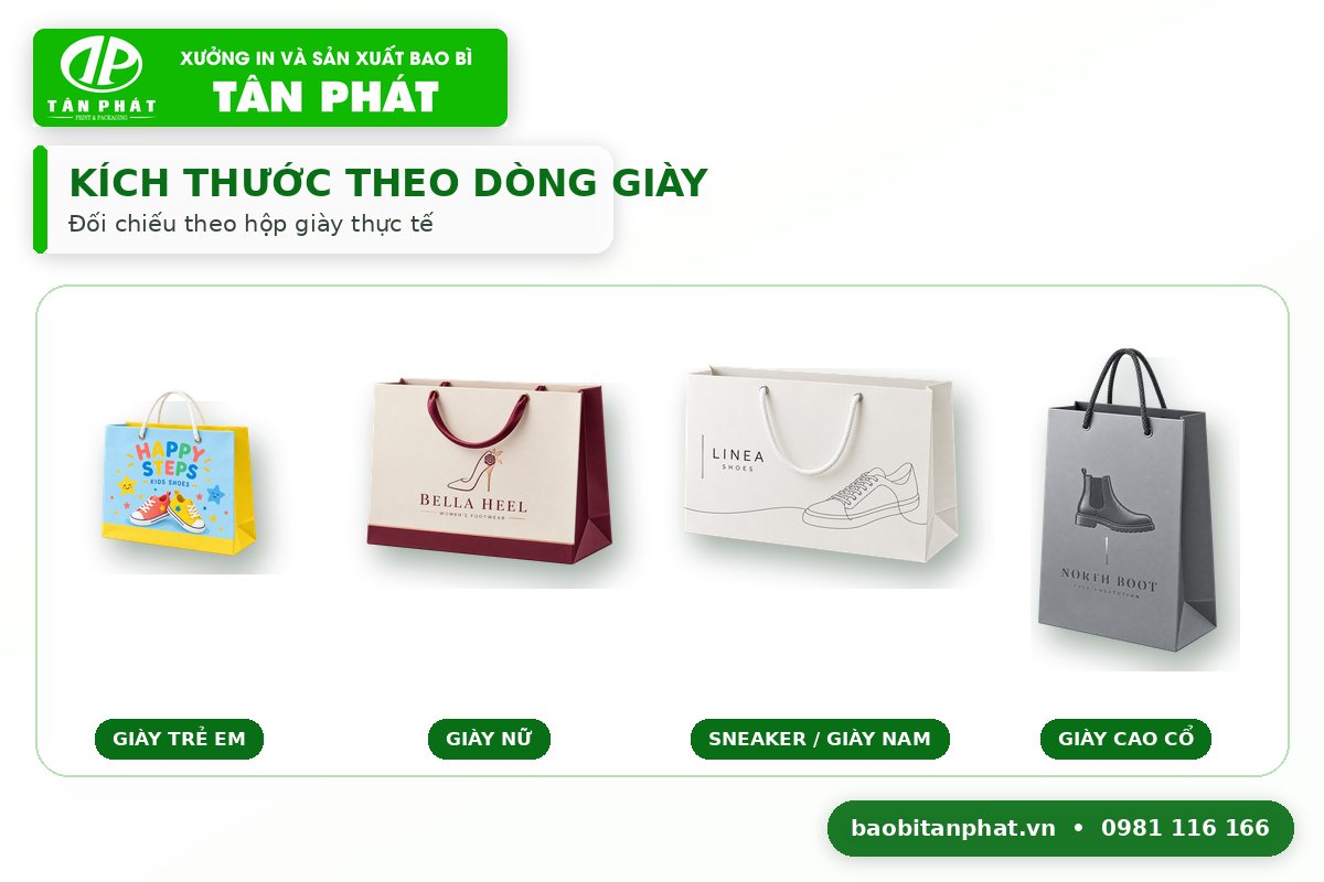 Các kích thước túi giấy đựng hộp giày tham khảo