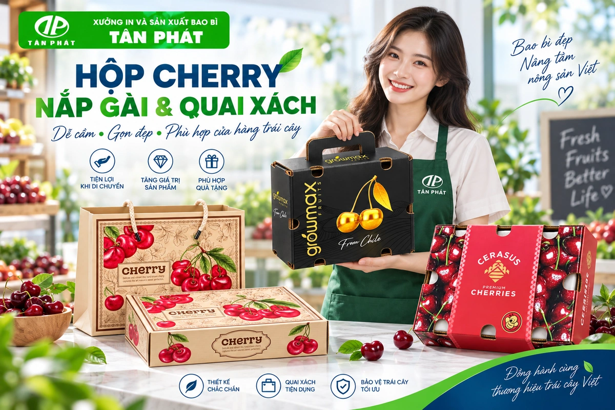 Hộp cherry nắp gài và hộp quai xách cho cửa hàng trái cây