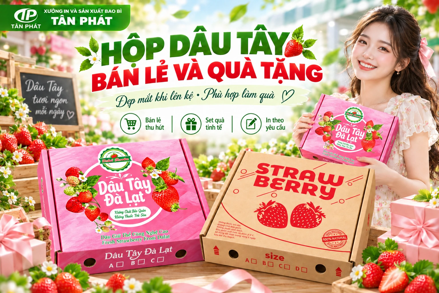 Hộp dâu tây cho bán lẻ online và set quà tặng