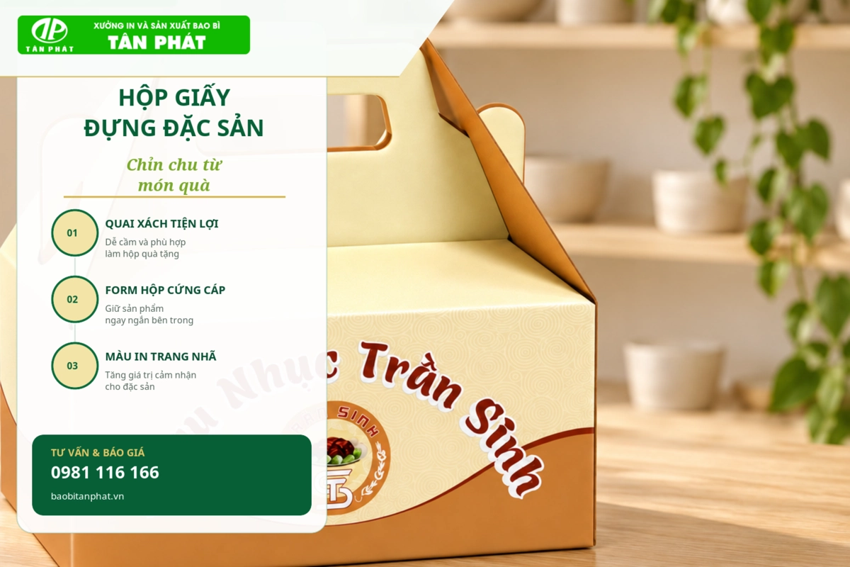 Hộp giấy đựng đặc sản và thực phẩm làm quà có quai xách