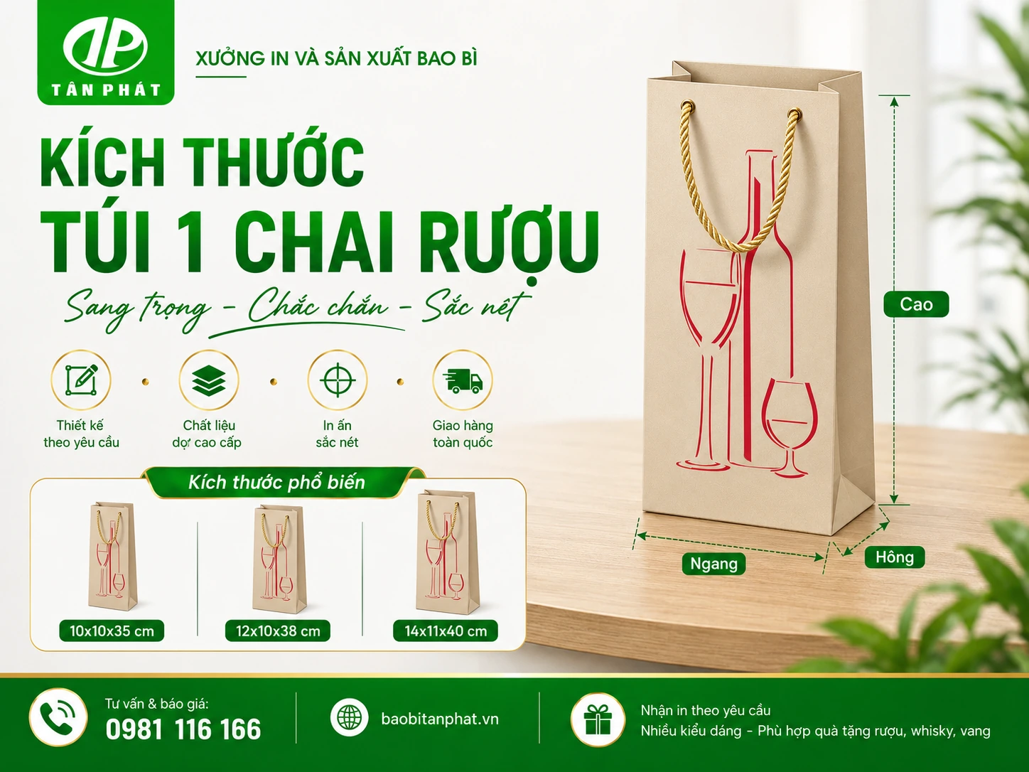 Minh họa cách đo ngang, cao, hông cho túi giấy đựng một chai rượu