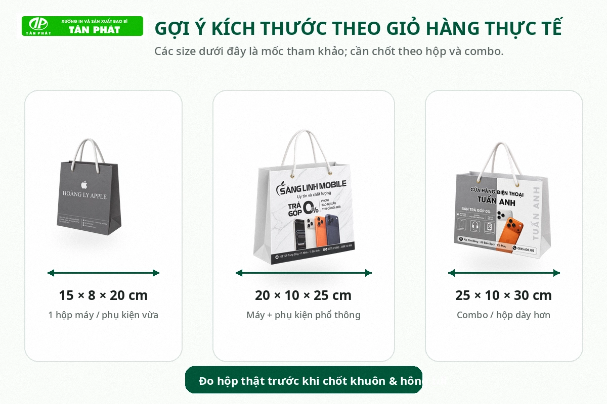Gợi ý kích thước túi giấy đựng hộp điện thoại và phụ kiện