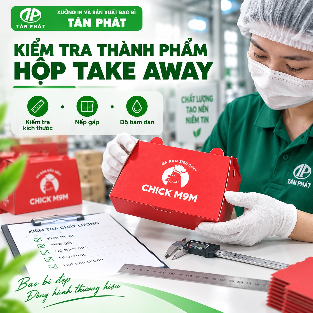 Kiểm tra mẫu hộp take away do Bao bì Tân Phát sản xuất