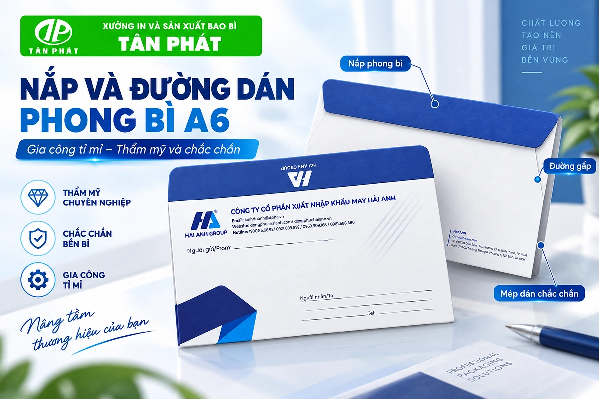 Cận nắp, đường gấp và mép dán của phong bì A6 12 × 22