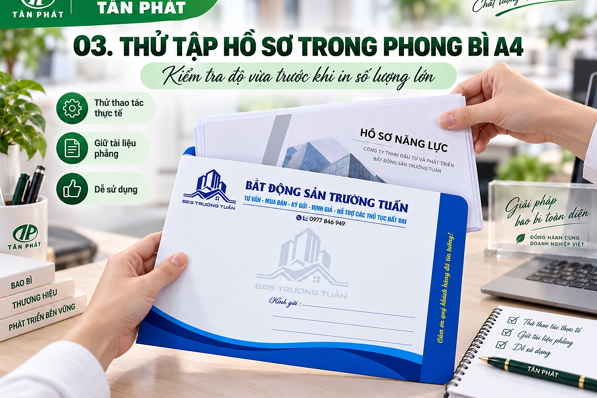 Thử đặt tập hồ sơ A4 vào phong bì để kiểm tra độ vừa và thao tác sử dụng