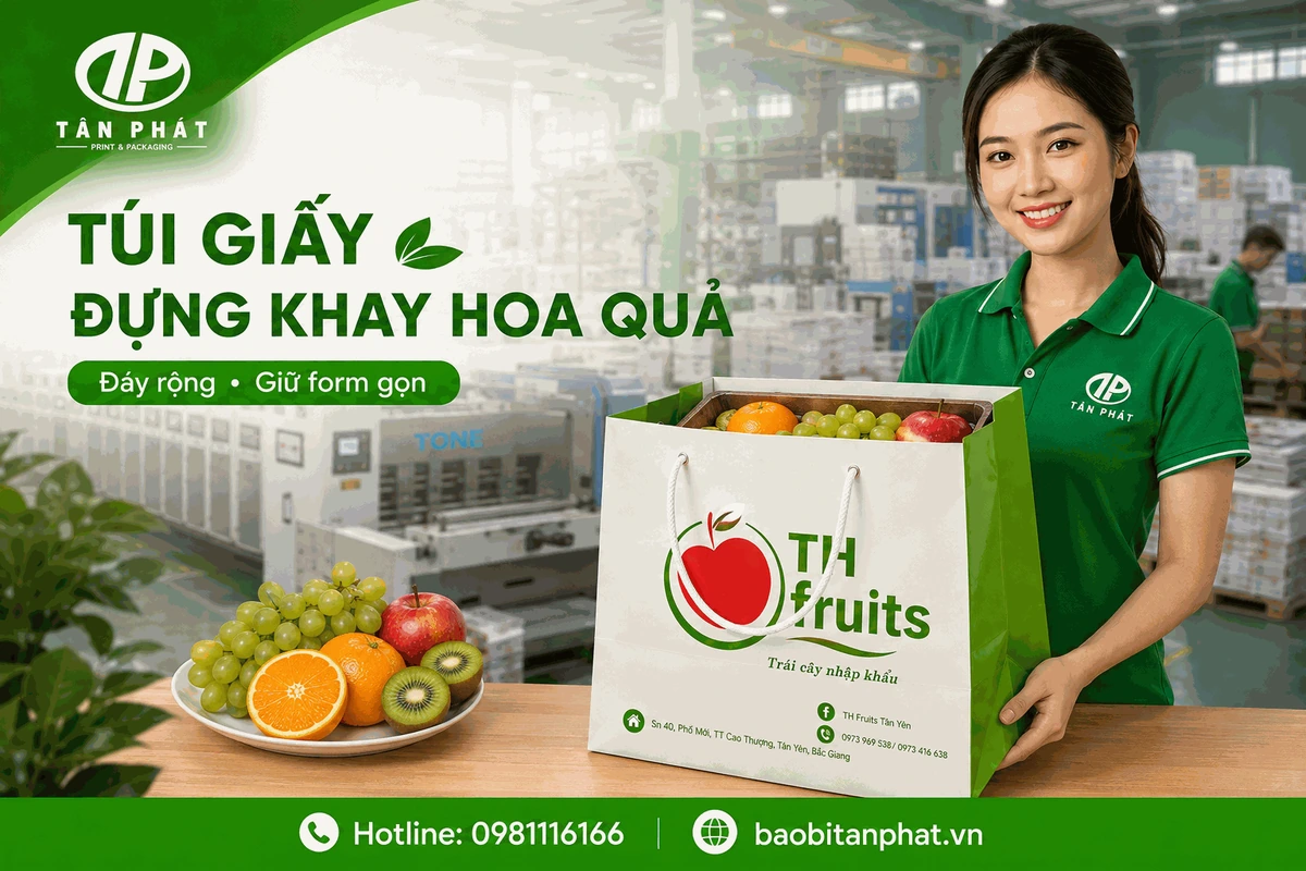 Túi giấy đựng khay hoa quả đáy rộng giữ form