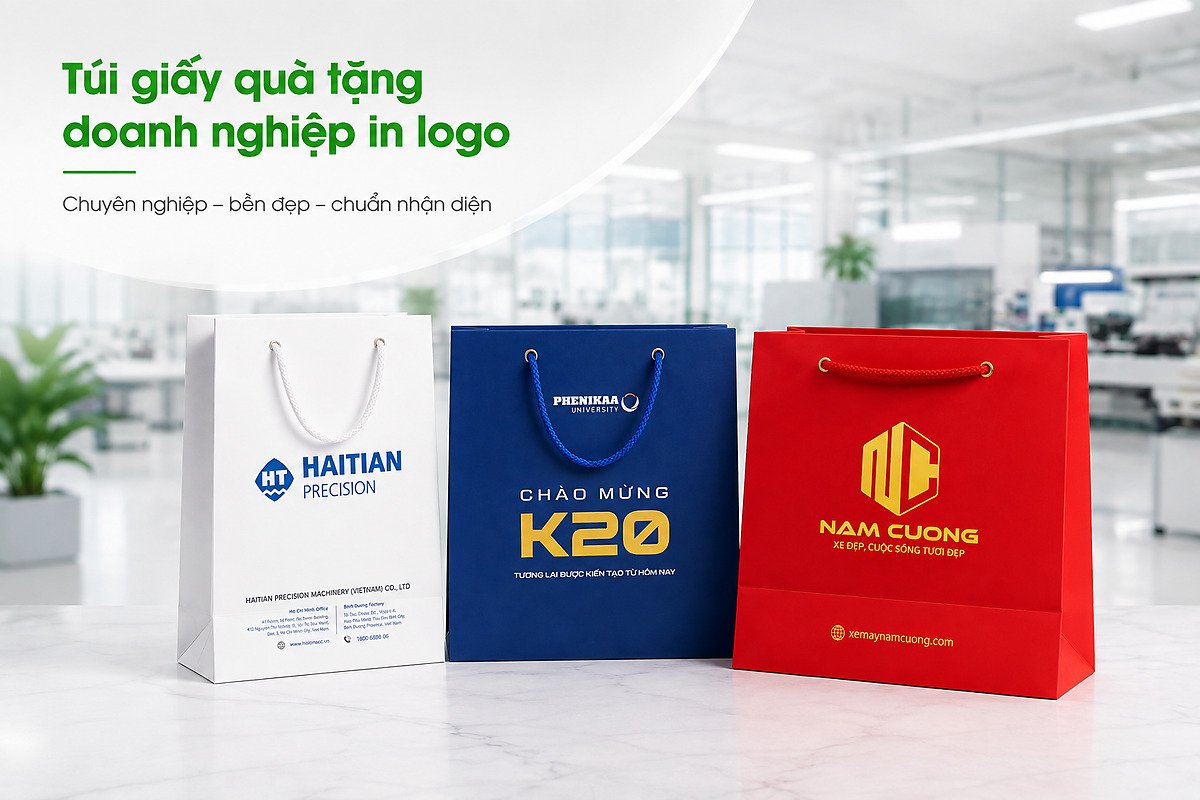 Túi giấy quà tặng doanh nghiệp in logo đồng bộ nhận diện thương hiệu