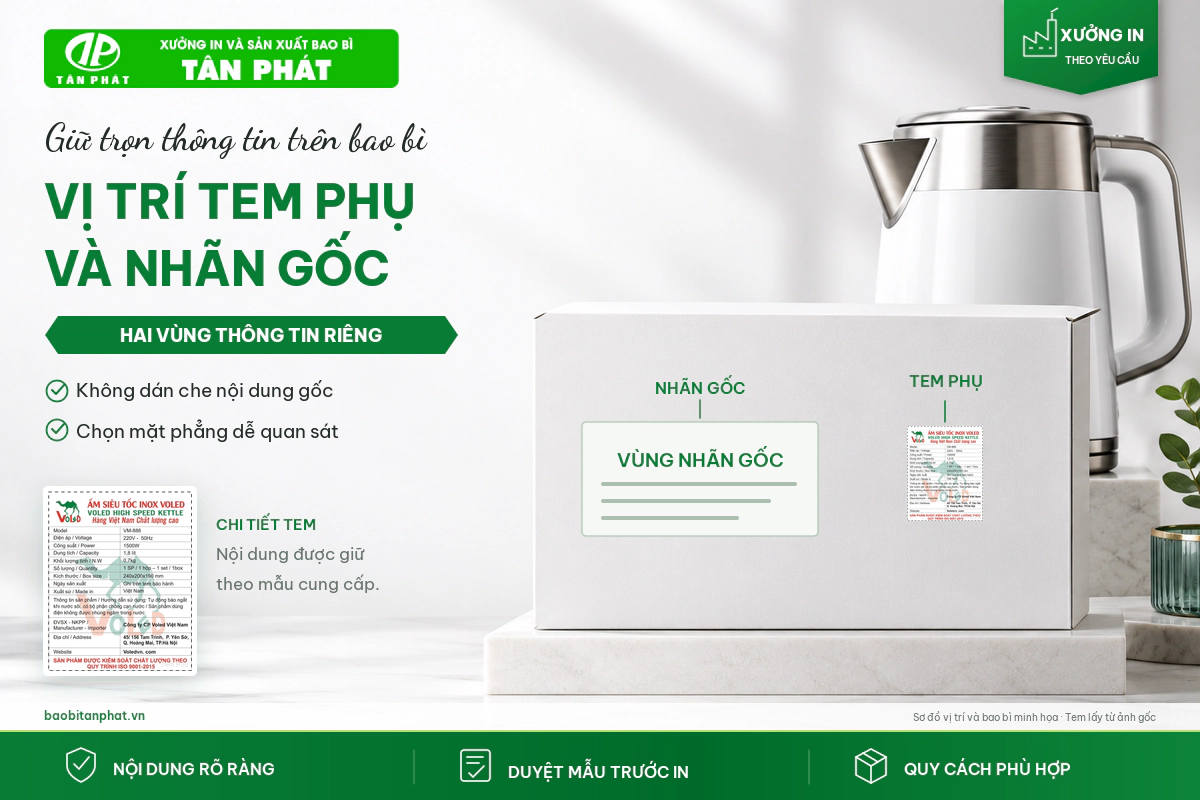 Vị trí tem phụ bên cạnh nhãn gốc trên bao bì