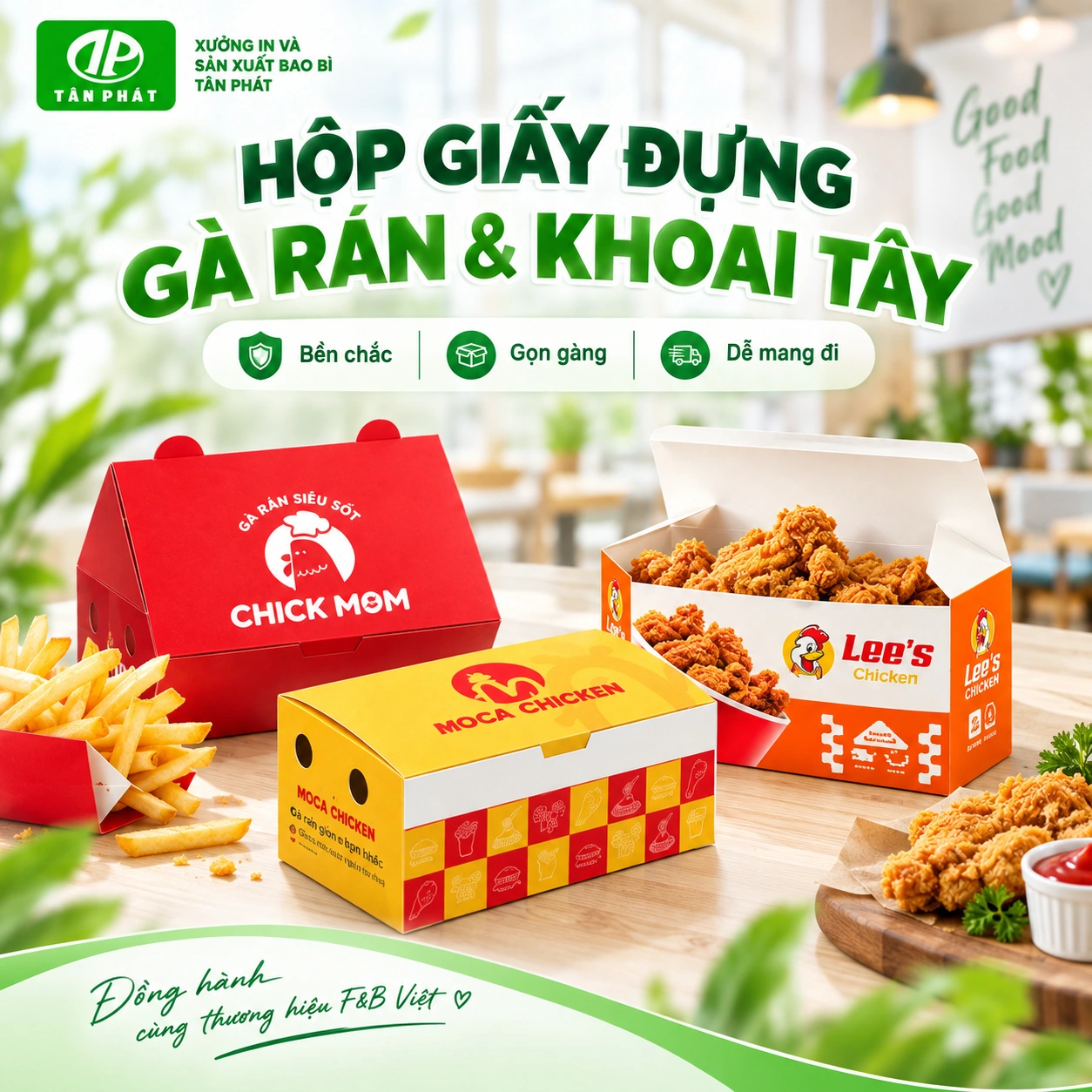 Bao bì hộp giấy gà rán xanh tươi, nổi bật và hiện đại