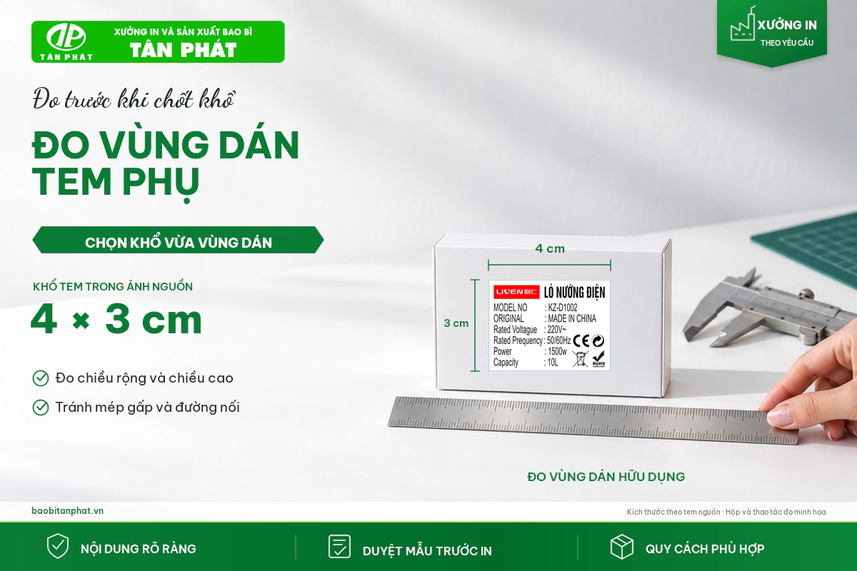 Đo chiều rộng và chiều cao vùng dán tem phụ trên hộp