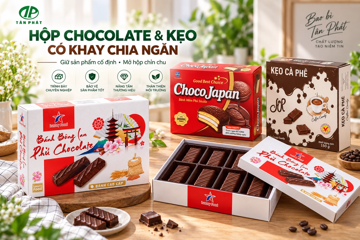 Hộp chocolate và kẹo có khay chia ngăn giúp cố định sản phẩm