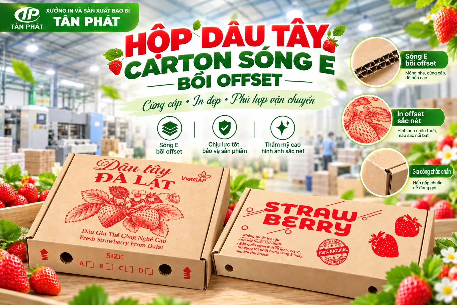 Hộp dâu tây carton sóng E bồi giấy in offset