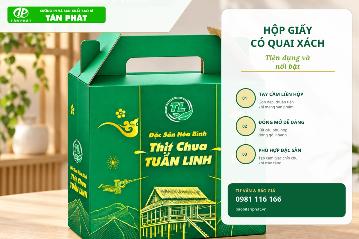 Các kiểu hộp giấy thực phẩm nắp gài, quai xách và hộp dài