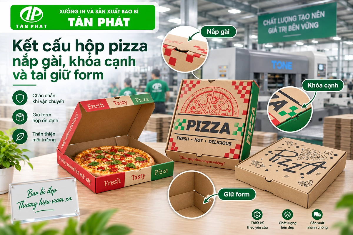 Kết cấu hộp pizza nắp gài, khóa cạnh và tai giữ form