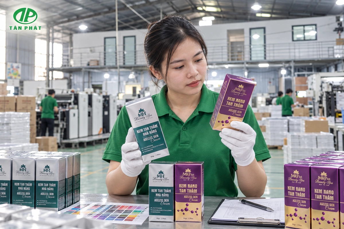 Kiểm tra màu in và chất lượng hộp giấy mỹ phẩm tại xưởng