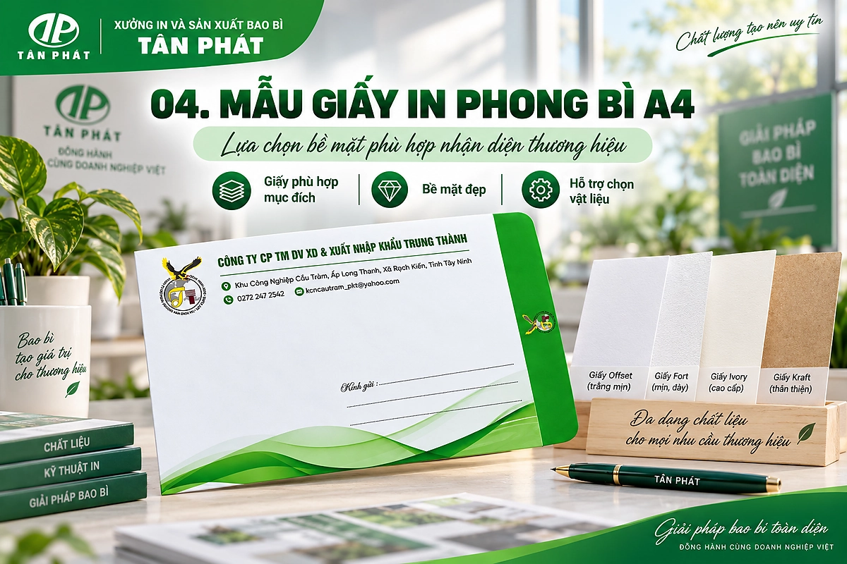 Mẫu giấy và bề mặt in dùng để lựa chọn vật liệu cho phong bì A4