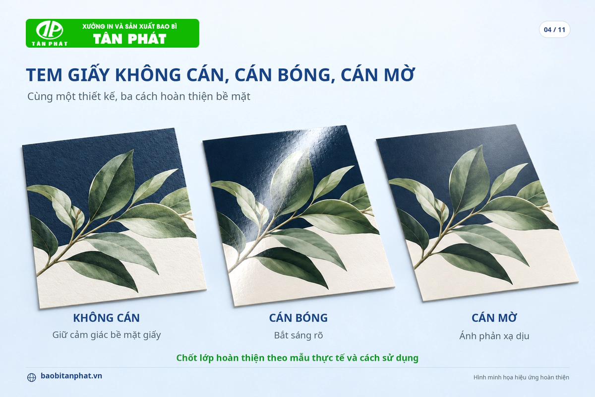 Mẫu tem giấy không cán màng cán bóng và cán mờ dưới cùng ánh sáng
