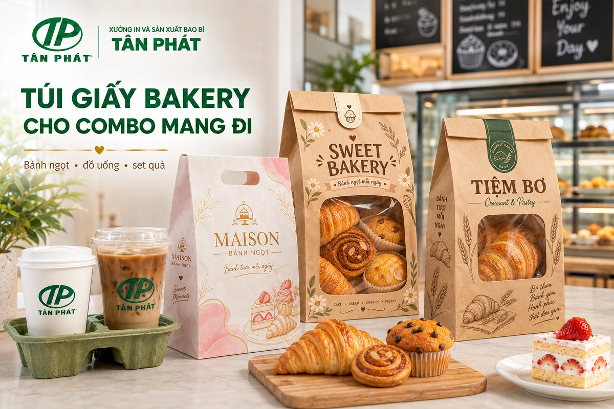 Túi giấy bakery cho combo bánh và đồ uống mang đi