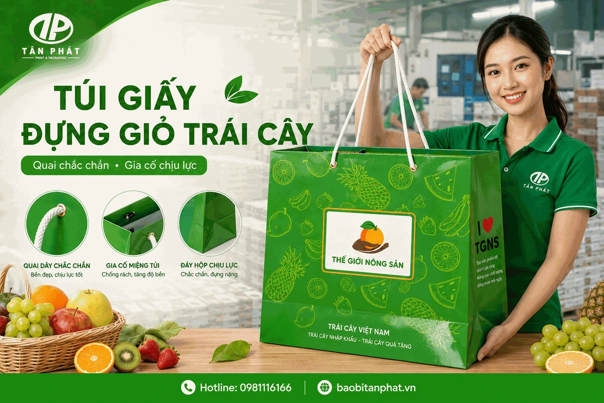 Túi giấy đựng giỏ trái cây với quai và đáy chịu lực