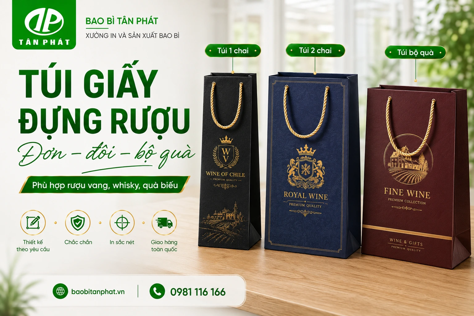 Túi giấy đựng rượu một chai, hai chai và bộ quà có vách ngăn