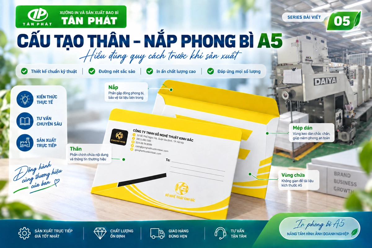 Cấu tạo thân, nắp và mép dán của phong bì A5