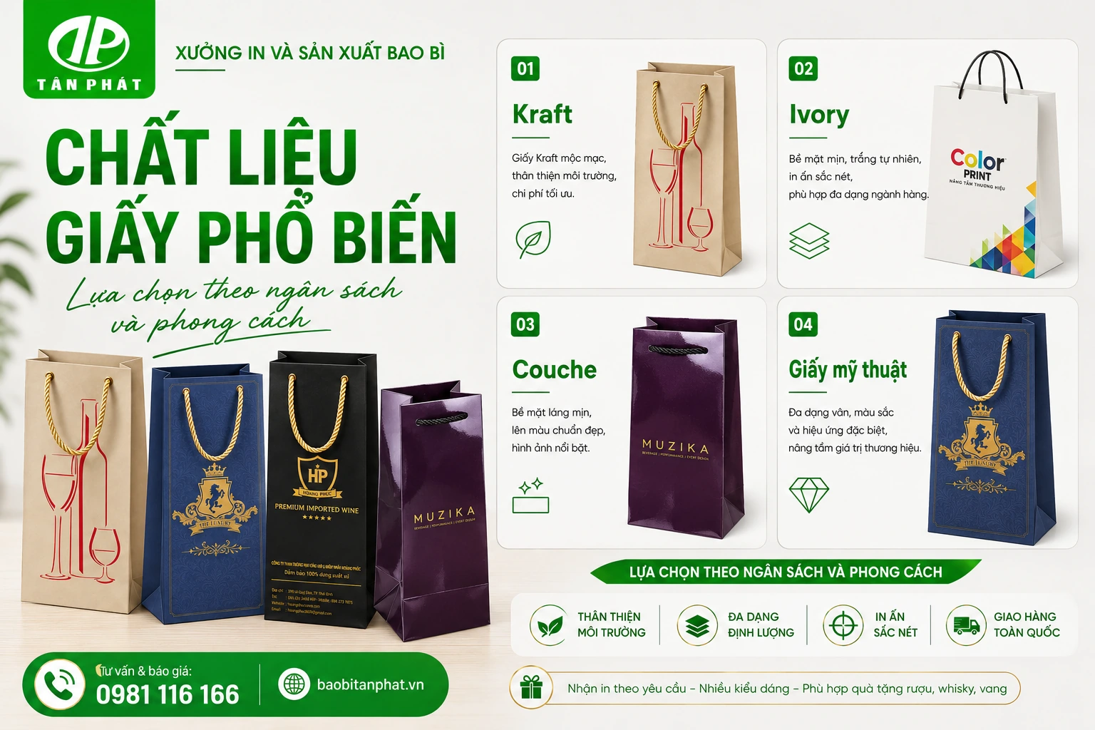 Mẫu giấy Ivory, Couche, Kraft và giấy mỹ thuật dùng cho túi đựng rượu