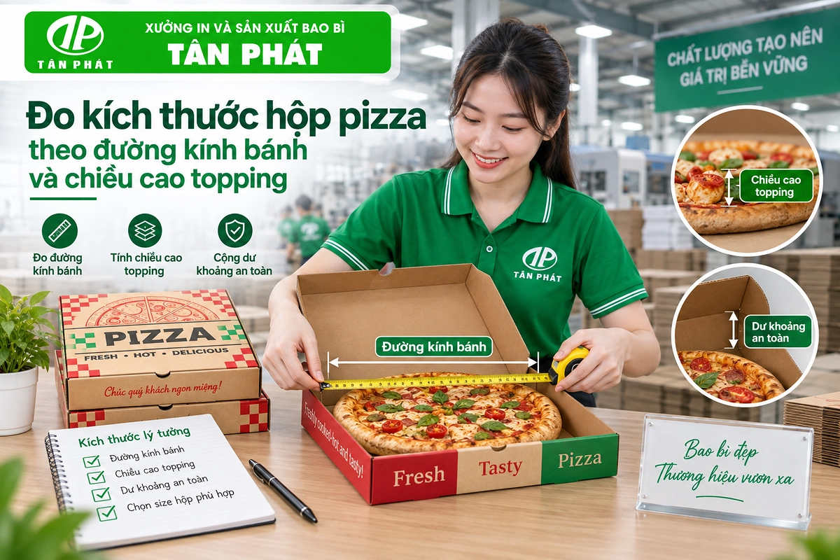 Đo kích thước hộp pizza theo đường kính bánh và chiều cao topping