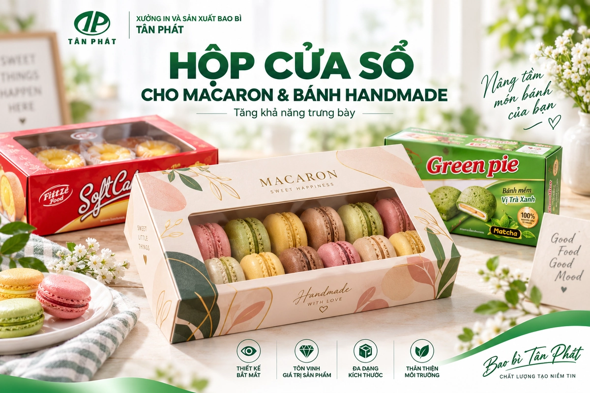 Hộp giấy đựng macaron và bánh handmade có cửa sổ trưng bày