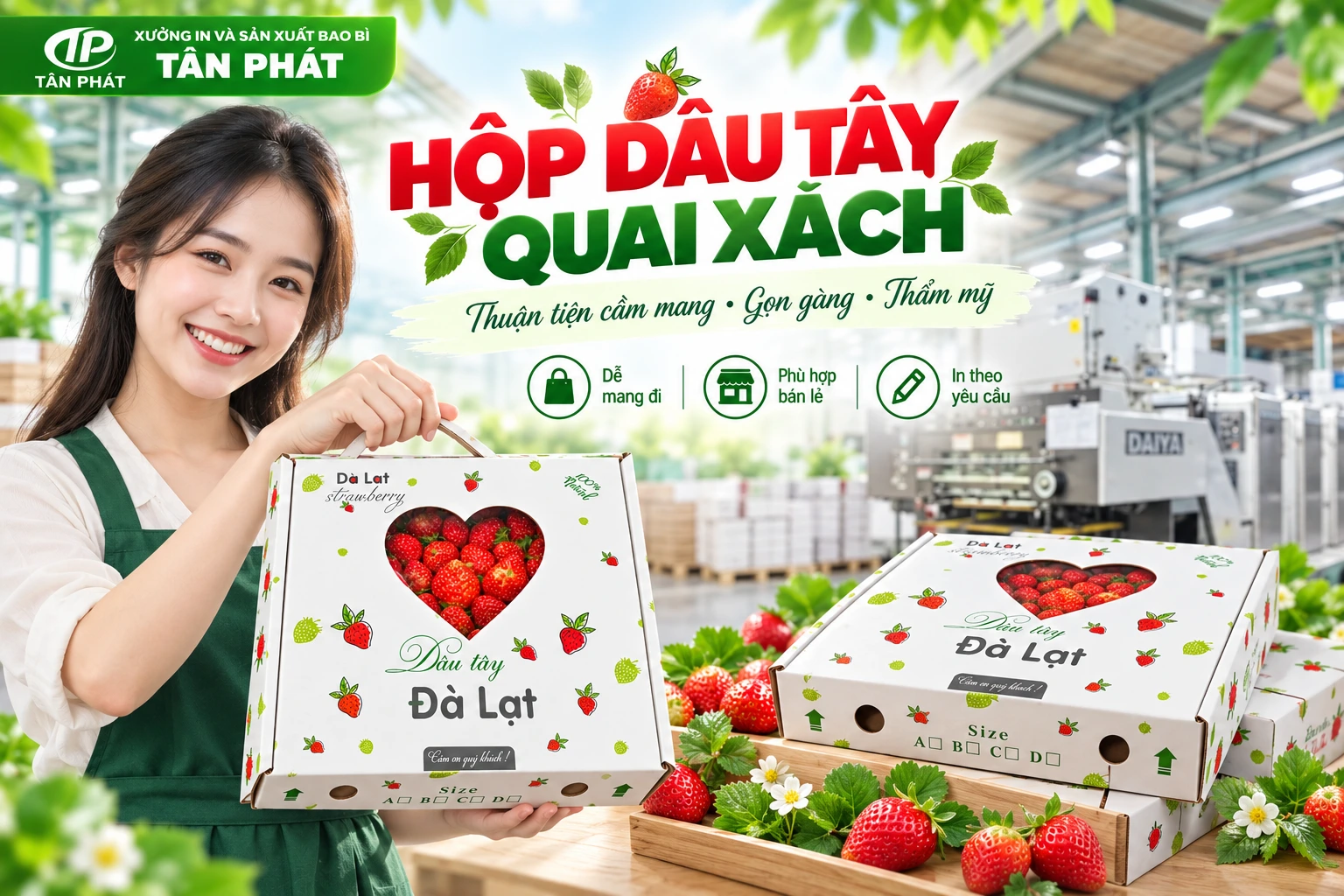 Hộp dâu tây quai xách thuận tiện cho khách mang trực tiếp