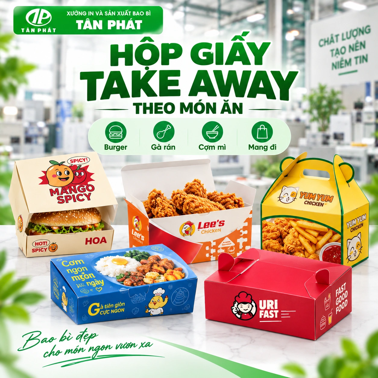 Hộp giấy takeaway Tân Phát phù hợp nhiều món ăn mang đi
