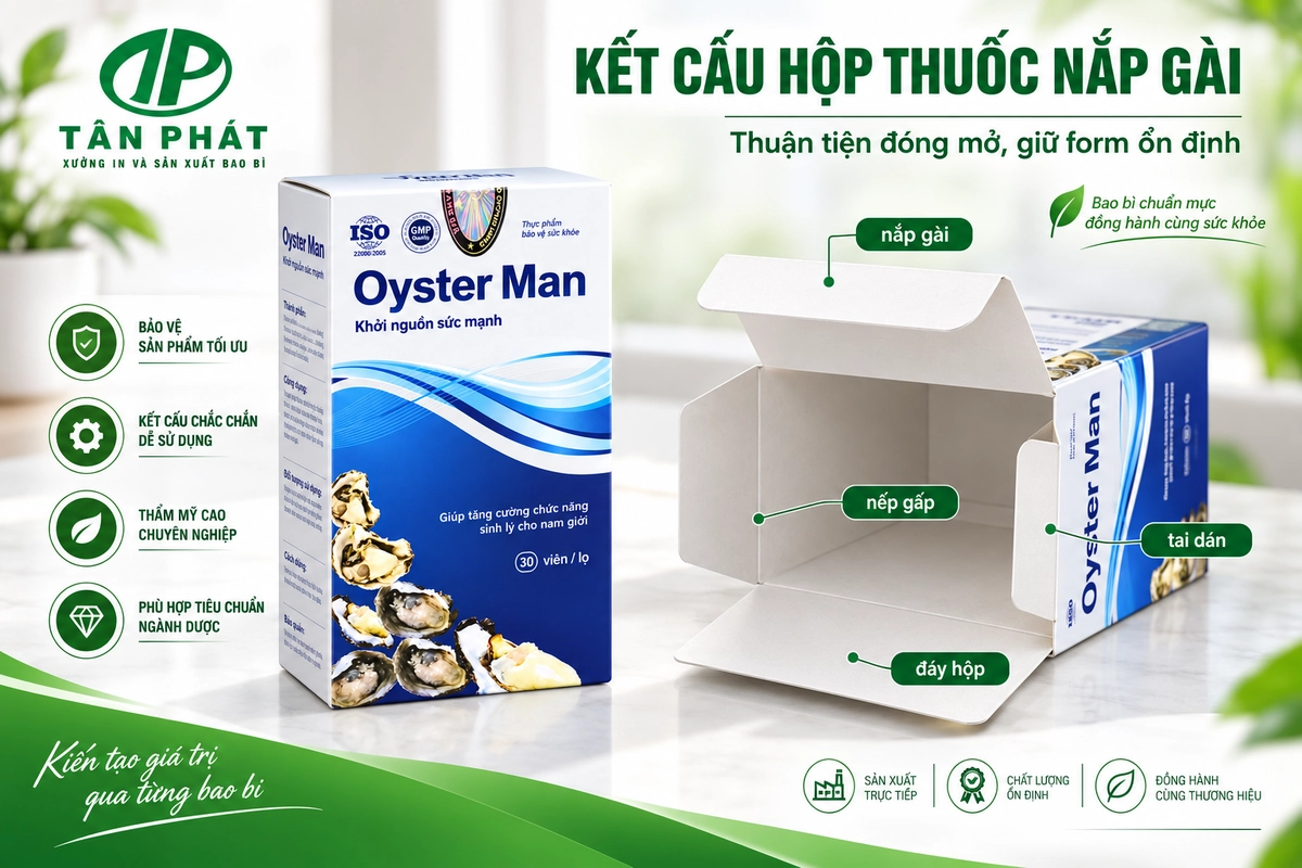 Kết cấu hộp thuốc nắp gài và các nếp gấp sau bế