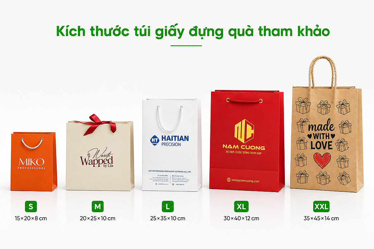 Các kích thước túi giấy đựng quà tham khảo theo hộp và set quà