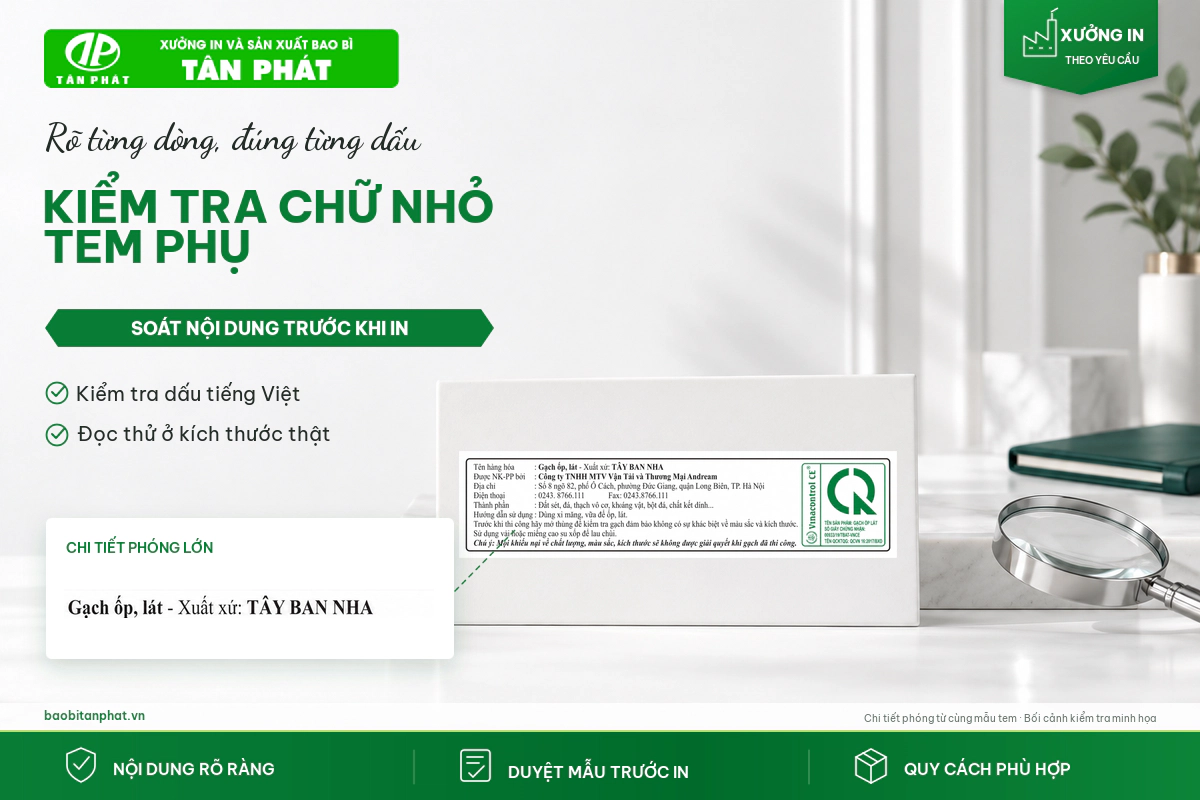 Kiểm tra chữ trên tem phụ ở kích thước thành phẩm