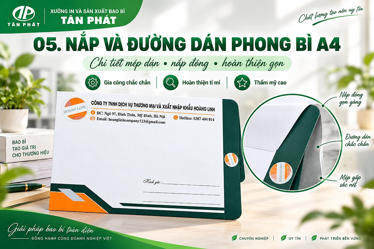 Cận cảnh nắp đóng, mép gấp và đường dán thân phong bì A4