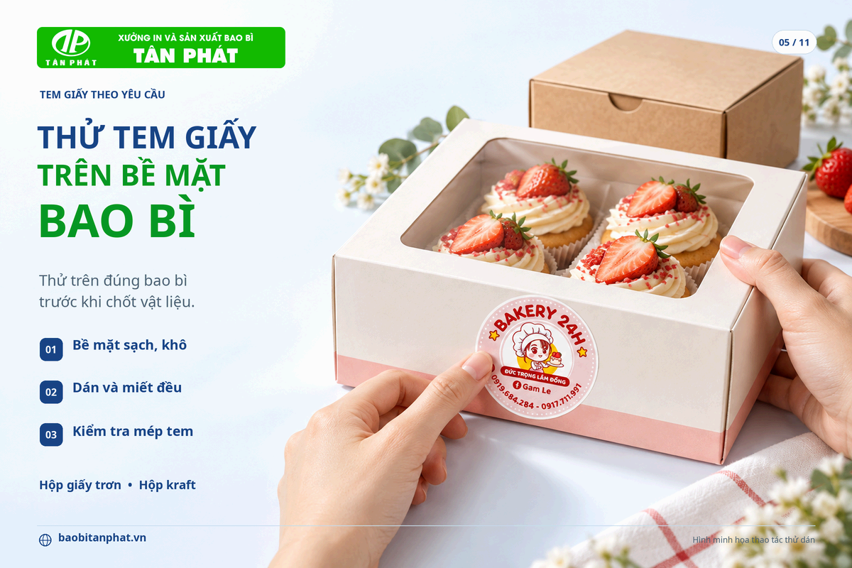 Thử độ bám của tem giấy trên bề mặt hộp và bao bì thực tế