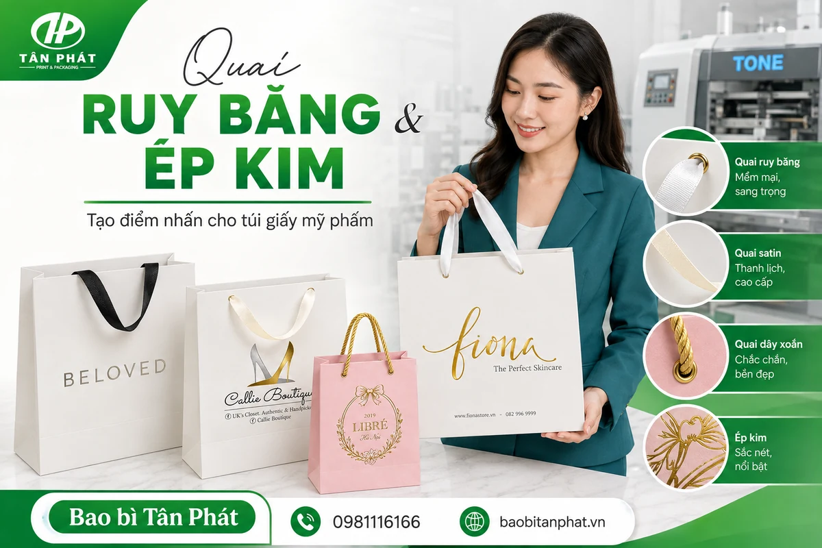 Túi giấy mỹ phẩm quai ruy băng ép kim tạo điểm nhấn thương hiệu