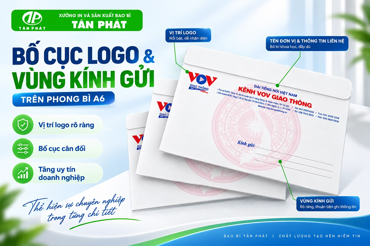 Bố cục logo, thông tin công ty và vùng kính gửi trên phong bì A6
