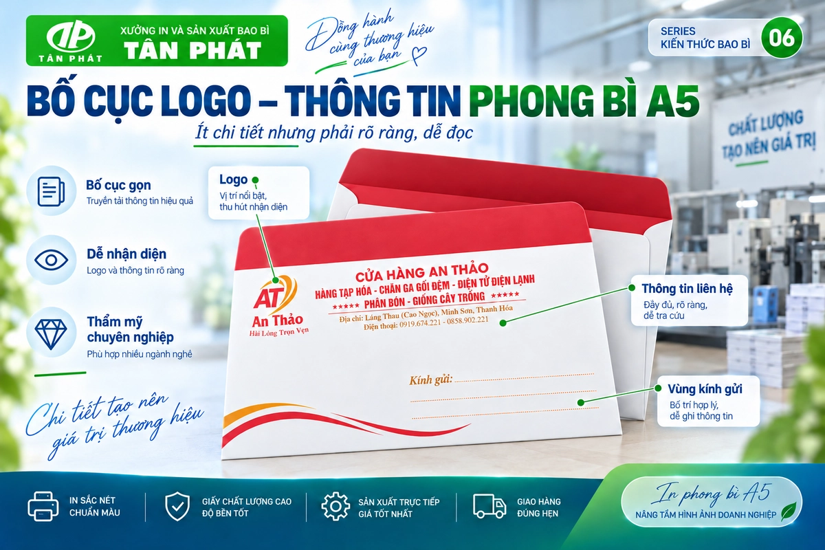 Bố cục logo, thông tin liên hệ và vùng kính gửi trên phong bì A5