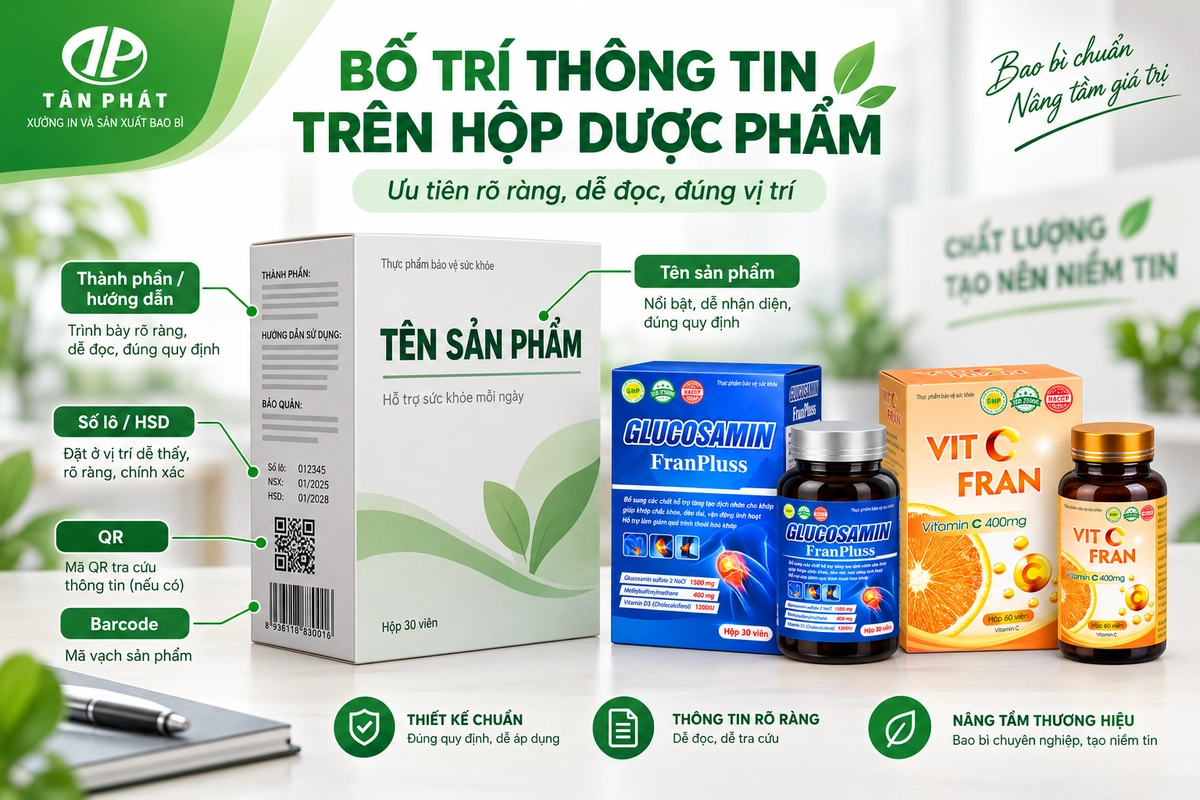 Bố trí vùng chữ mã vạch QR và thông tin trên hộp dược phẩm
