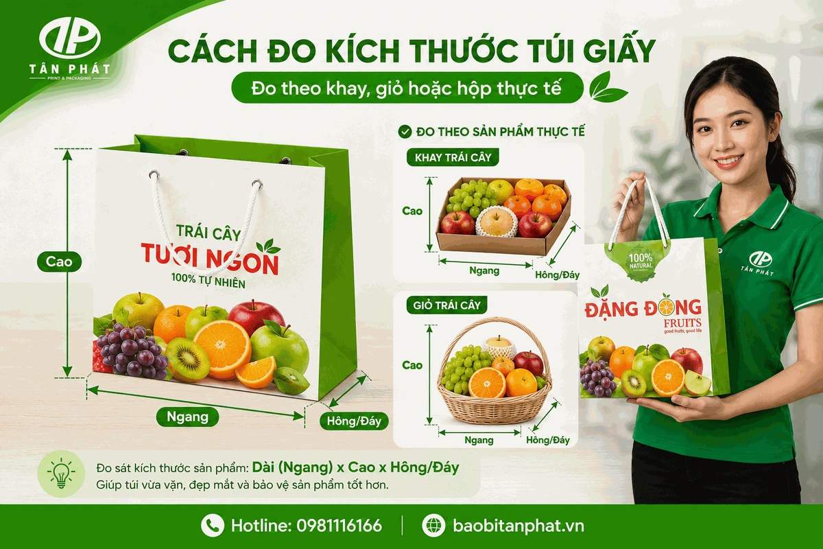Cách đo kích thước túi giấy đựng hoa quả theo khay và giỏ