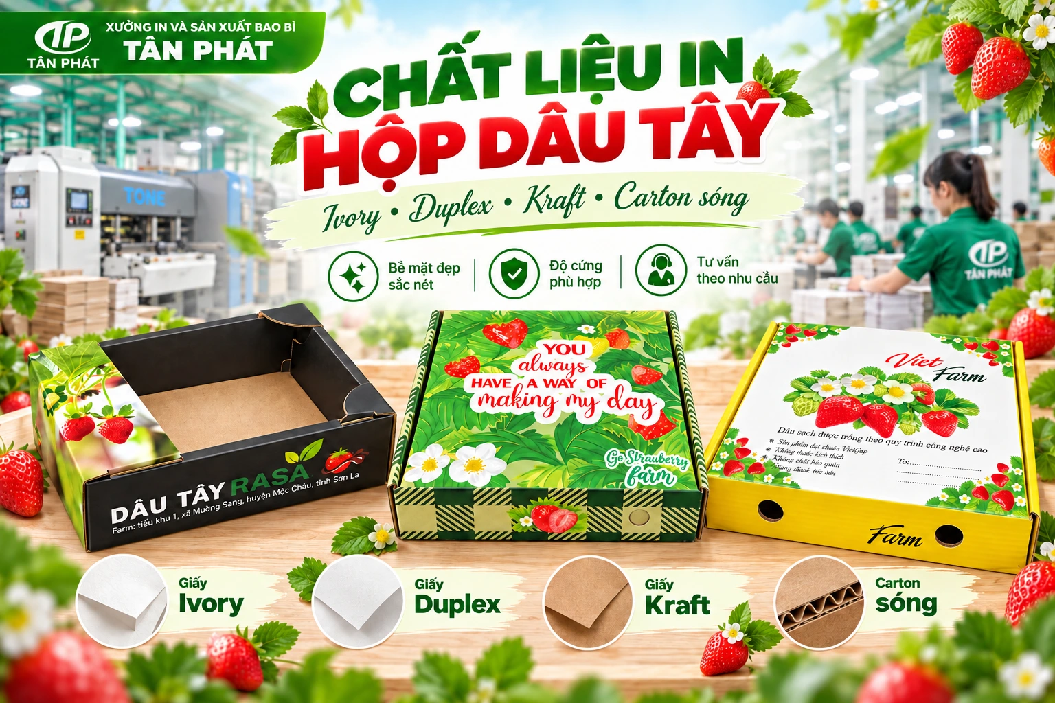 Chất liệu Ivory Duplex Kraft và carton sóng làm hộp dâu tây