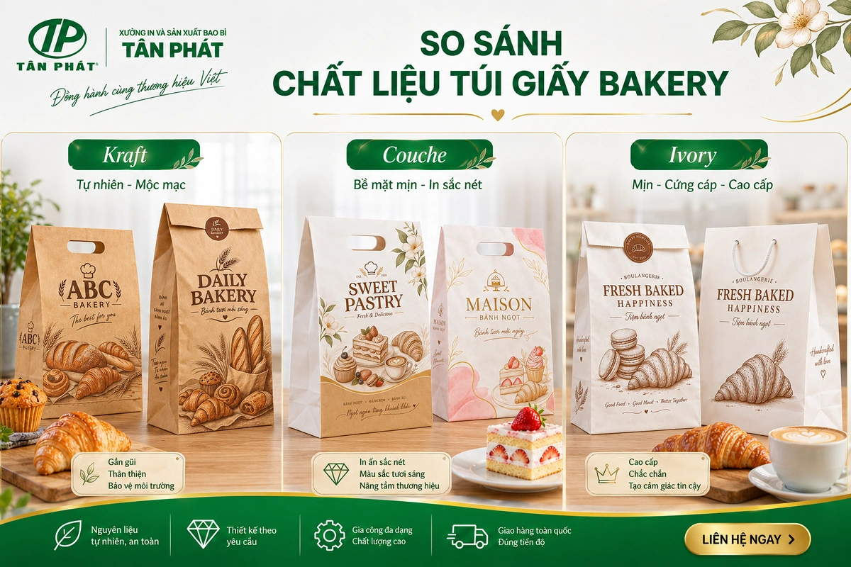 So sánh giấy Kraft Couche Ivory làm túi giấy bakery