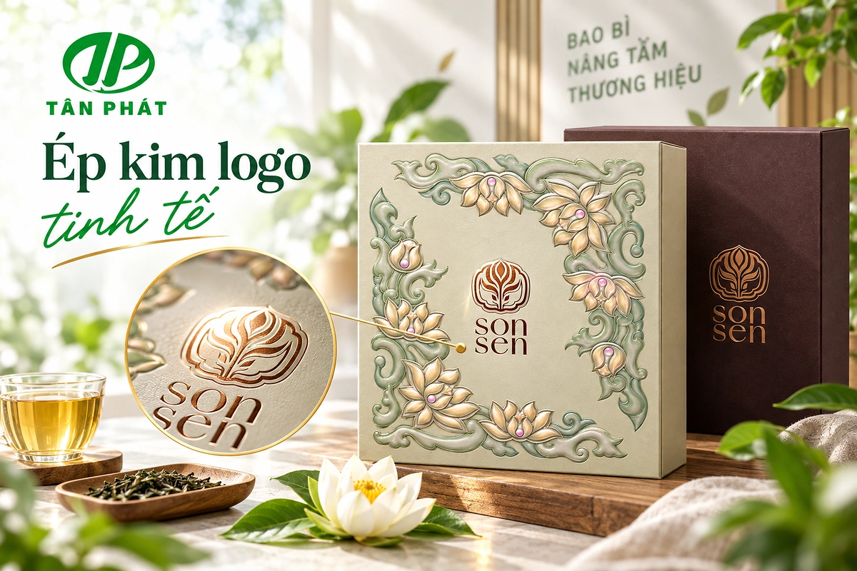 Chi tiết ép kim logo trên hộp giấy đựng trà