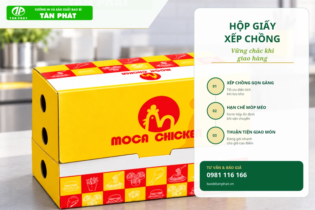 Chi tiết tai gài và kết cấu bên trong hộp giấy thực phẩm