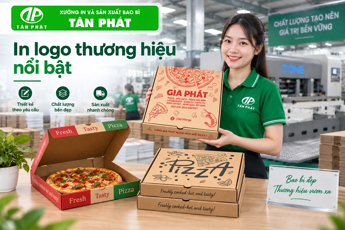 In logo và màu nhận diện thương hiệu trên hộp bánh pizza